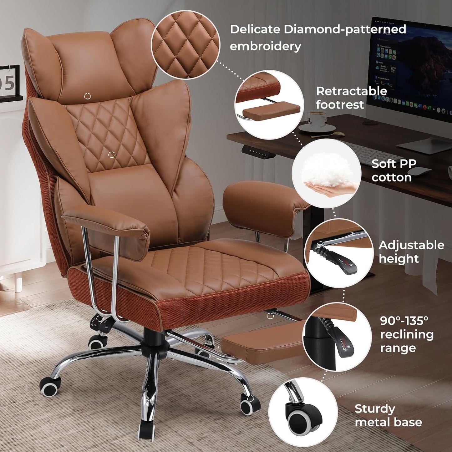 COMHOMA Big and Tall Office Chair, High Back Leather Gaming Chair with Footrest, Executive Ergonomic Office Chairs with Pocket Spring Lumbar Support and with Outward Fixed Soft Armrests