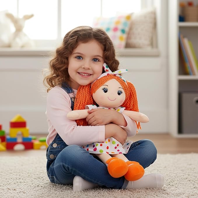 June Garden 14" Snuggle Cuties Bella - Soft Cuddly Plush Doll Gift for Girls - Huggable Rag Doll - Orange M