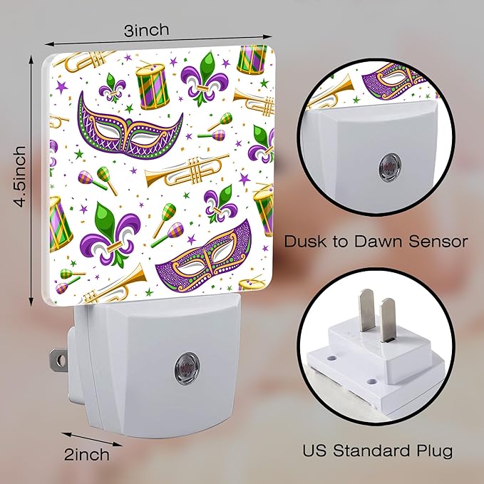 Mardi Gras Carnival Night Light, Fleur De Lis Mask and Musical Instruments Dusk to Dawn Night Light Plug in,0.5w Energy Saving Sleep Friendly NightLight for Kids Boys Girls Home Decor