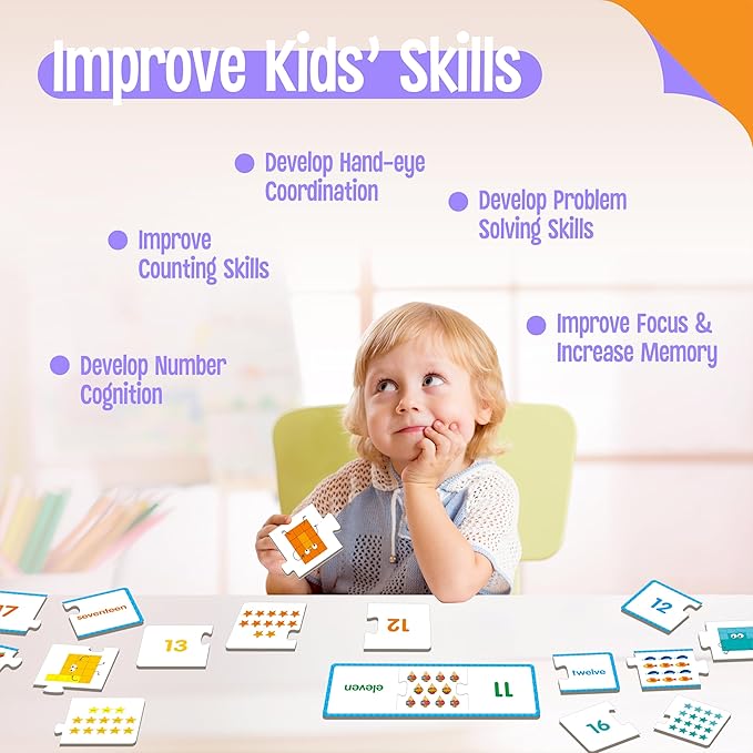 1-20 Number Puzzles, 20 Self-Correcting Matching Puzzle Set, Educational Counting Game Math Numbers Learning Toys for Toddlers, Preschool, Kids Aged 3-5