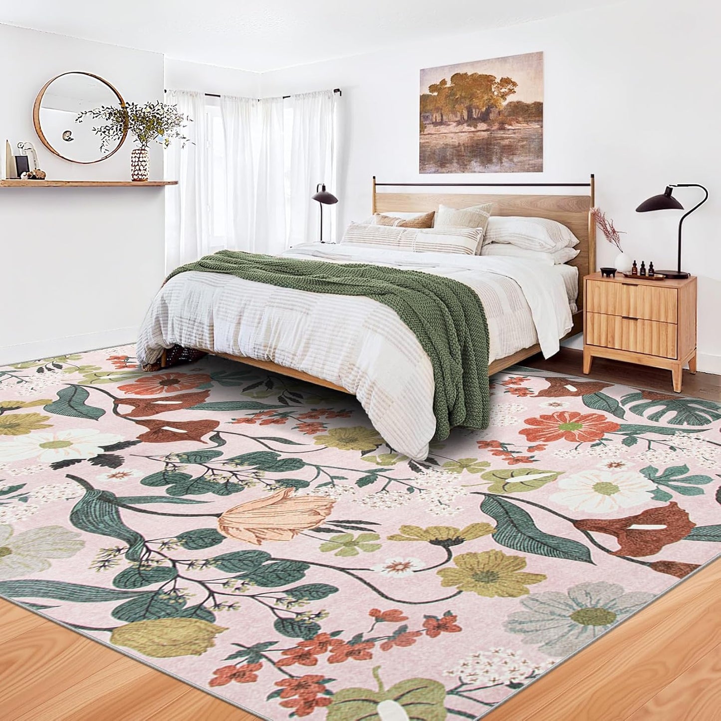 8x10 Area Rug for Living Room: Vintage Floral Washable Rug Soft Boho Non Slip Carpet Large Indoor Floor Non Shedding Low Pile Thin Carpets for Bedroom Dining Room Farmhouse Nursery Home Light Pink