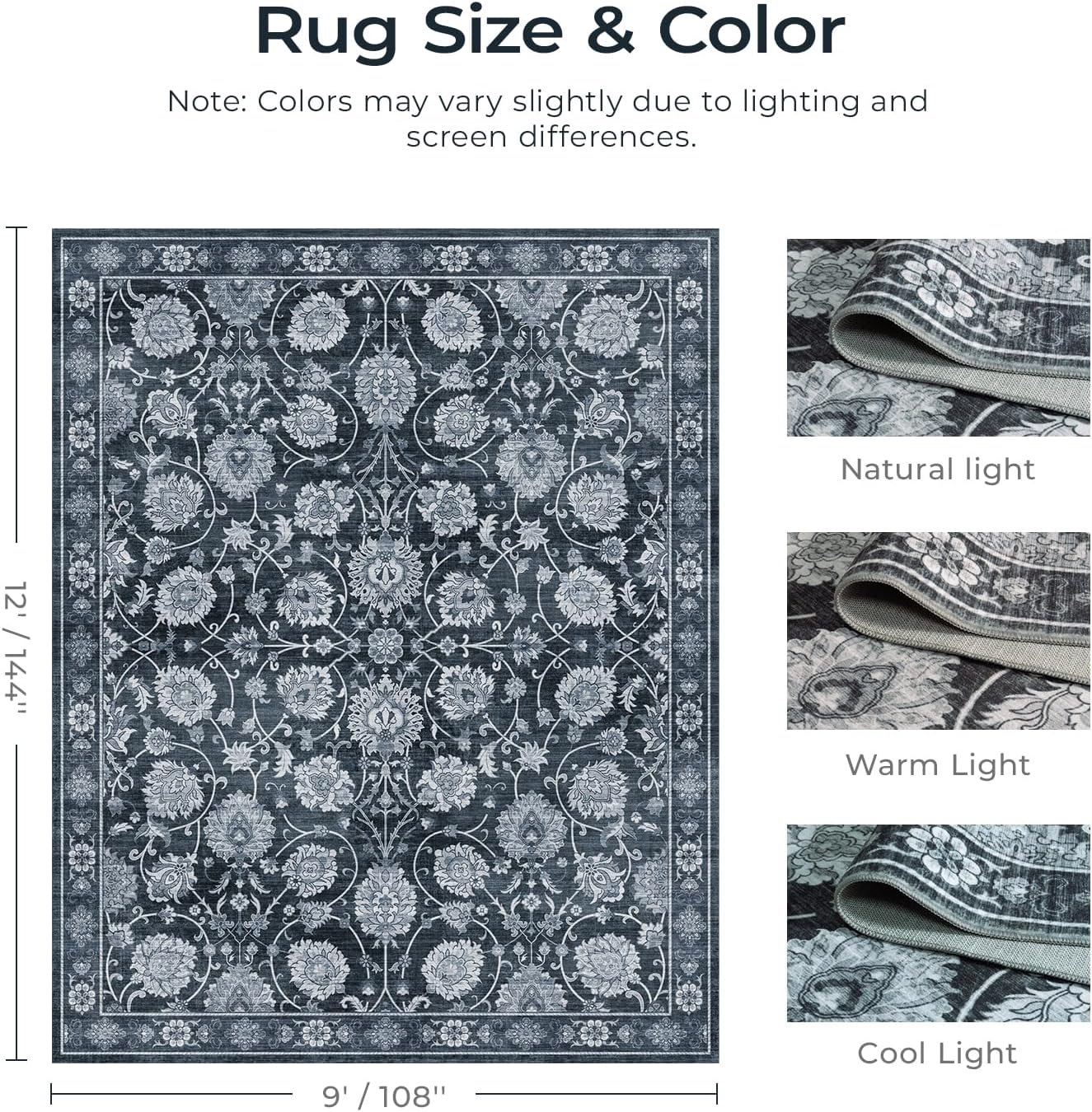 Black 9x12 Area Rug for Living Room, Washable Large Rugs, Vintage Floral Soft Carpet, Non Slip & Low Pile, Wool Carpets for Indoor Bedroom Dining Home Playroom Office Under Table, Black