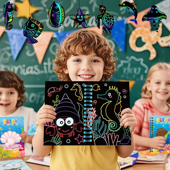12 Pack Under the Sea Scratch Art Party Favors for Kids - Rainbow Scratch Paper with Ocean Animals Scratch Off Cards Easter Birthday Goodie Bags Stuffers - Return Gifts DIY Classroom Prizes