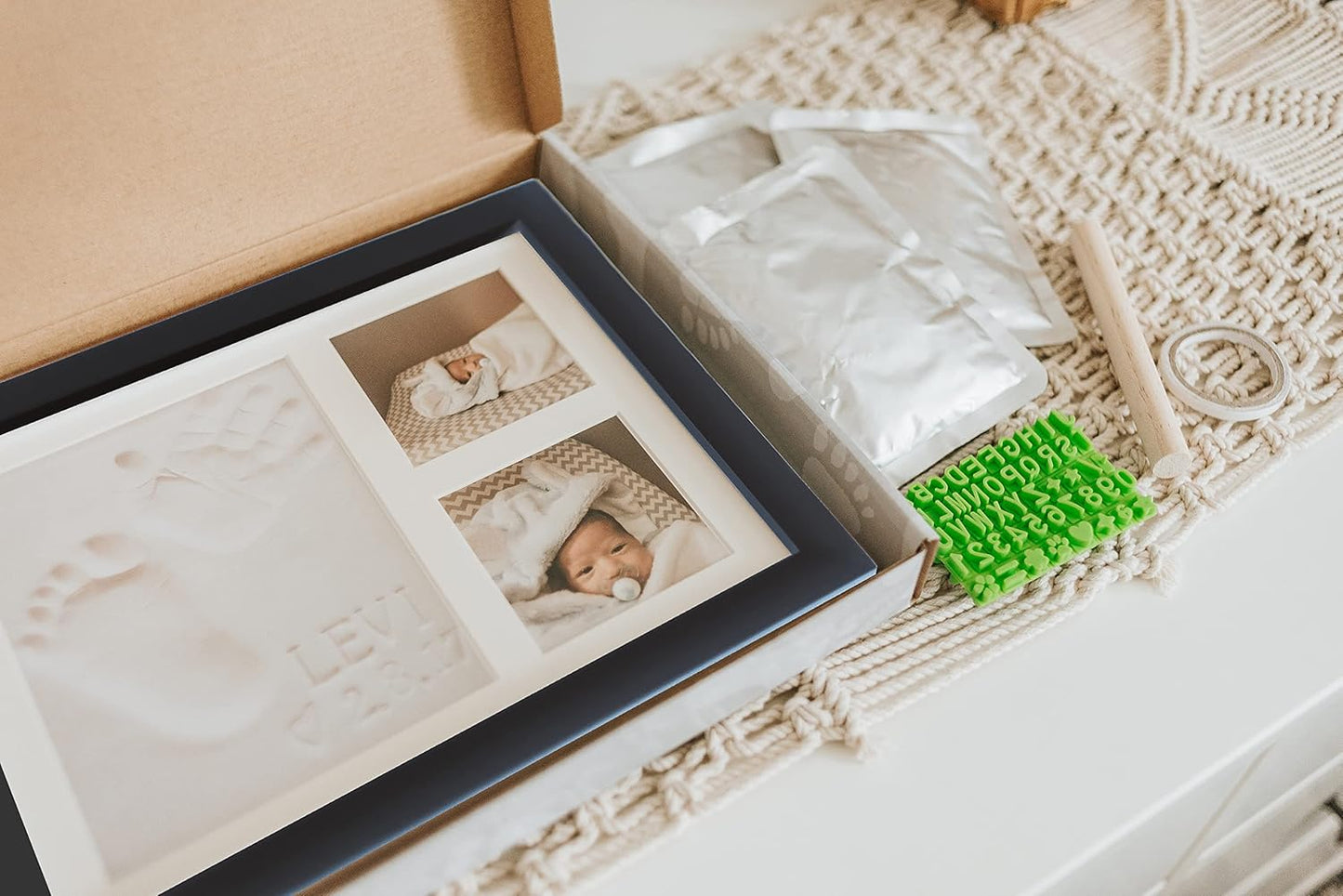 Baby Hand & Footprint Clay Keepsake Photo Frame Kit - w/Silicone Stencil for a Personalized Gift. Wood Frame, Wall/Table Mount. Perfect Registry, Baby Shower, New Mom, Birthday & Newborn Gift - Black