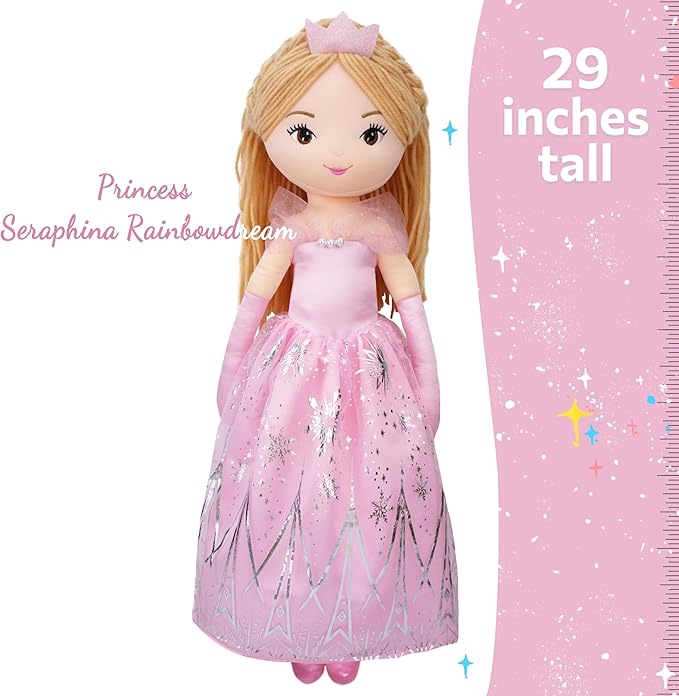 June Garden 30" XL Princess Seraphina Rainbowdream Soft Rag Doll - Adorable Stuffed Life Size Doll Gift for Girls - Pink Dress