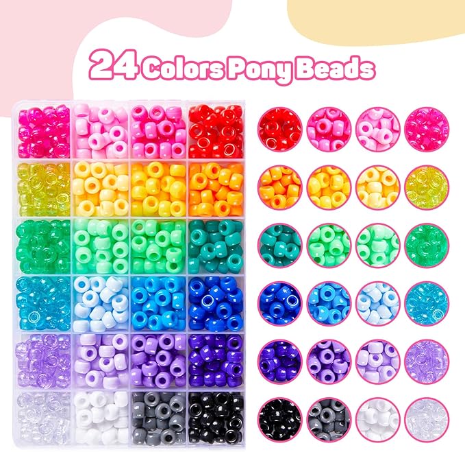 INSCRAFT 1200PCS Bracelet Making Kit, 24 Colors Pony Rainbow Kandi Beads, Friendship Bracelet Kit with Elastic Strings for Jewelry Making, Craft Gifts for Girls Adults