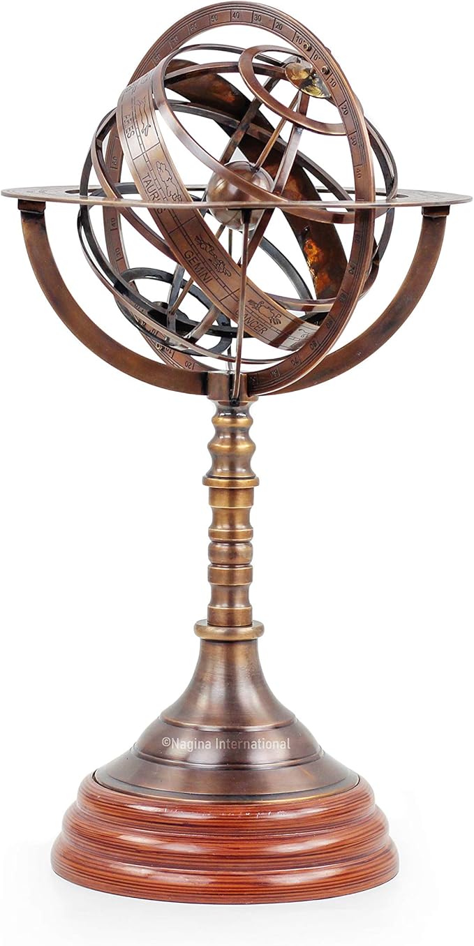 Nagina International Antique Vintage Zodiac Armillary Brass Sphere Globe Wooden Display | Pirate's Antique Ship Decor (XL, Antique Brass)