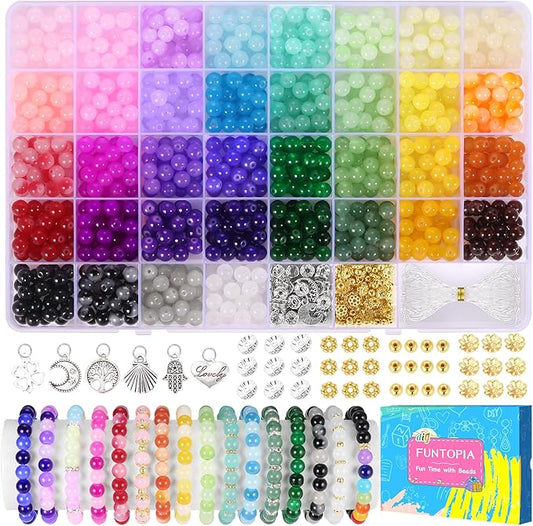 Funtopia 8mm Glass Beads for Bracelets, 36 Colors Crystal Beads for Jewelry Making, 1061pcs Bracelet Making Kit, Round Glass Bead for DIY Earrings Necklace Crafts with Spacer Bead and Charms