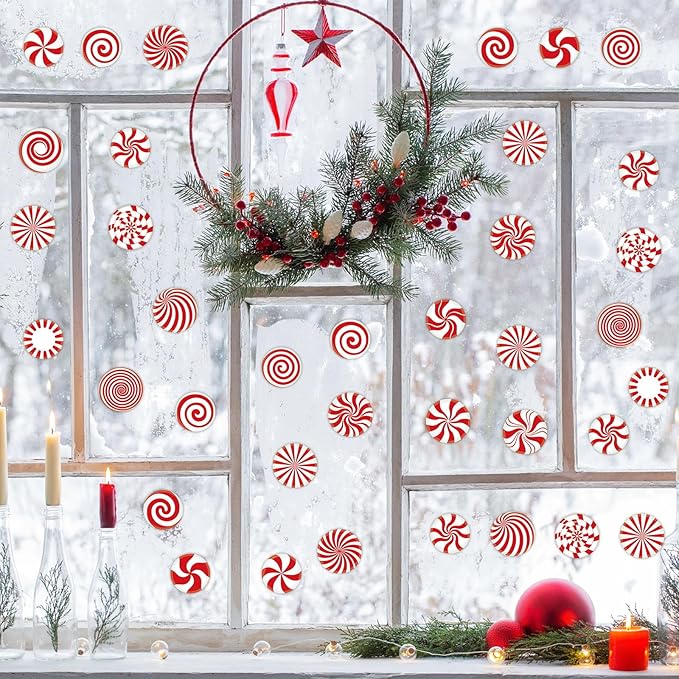 20 PCS Christmas Peppermint Candy Thick Gel Cling Xmas Candy Cane Window Decorations Candy Cane Window Clings Decals for Kids Toddlers Home Airplane Festive Season Holiday Party Home Classroom Nursery