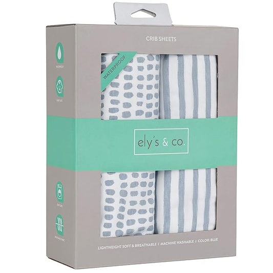 Ely’s & Co. Waterproof Crib Sheet/Toddler Bed Sheets – All-in-One Mattress Protector and Fitted Sheet – Soft Jersey Cotton, Misty Blue Splash & Stripes, Baby Boy Nursery Bedding Essential – 2-Pack