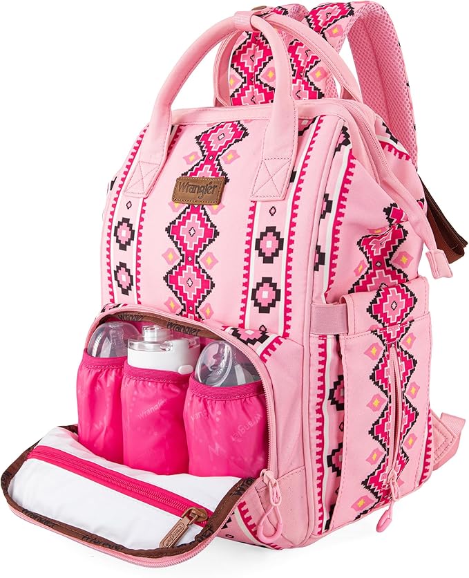Wrangler Aztec Backpack Organized Daypack Travel Baby Bag with Stroller Strap and Side Bottle Pockets WG2204-9110PK
