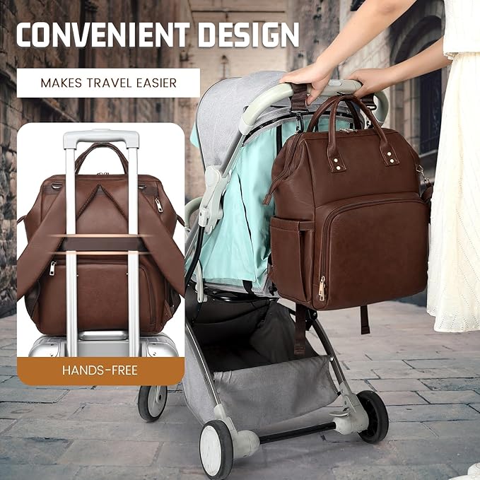 Premium Vegan Leather Diaper Bag Backpack with Waterproof Changing Pad – Reinforced Stitching & Zippers, Baby Bag for Boy Girl, Stroller Straps, Fits 15.6" Laptop for Work Moms, Dark Brown