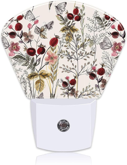 Butterfly Plug in Night Lights, Vintage Flowers Plants Nightlight Plug Into Wall Dusk to Dawn Sensor for Kid Girls Boys Women Men Bedroom, Hallway, Kitchen, Bathroom, Stairs Decor