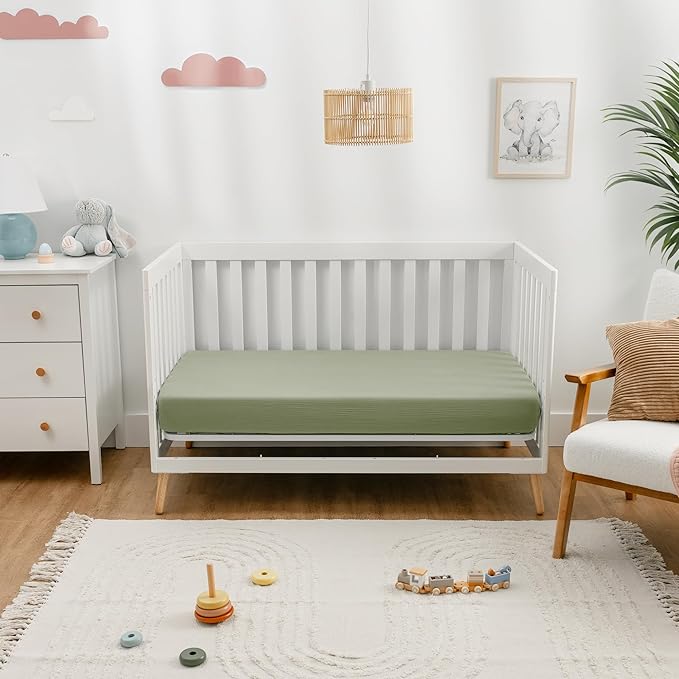 Comfy Cubs 100% Muslin Cotton Fitted Crib Sheet - Soft, Standard & Breathable Crib Sheets for Toddler Mattress - Snug Fit, Secure Elastic with Beautiful Packaging for Boys & Girls - Sage