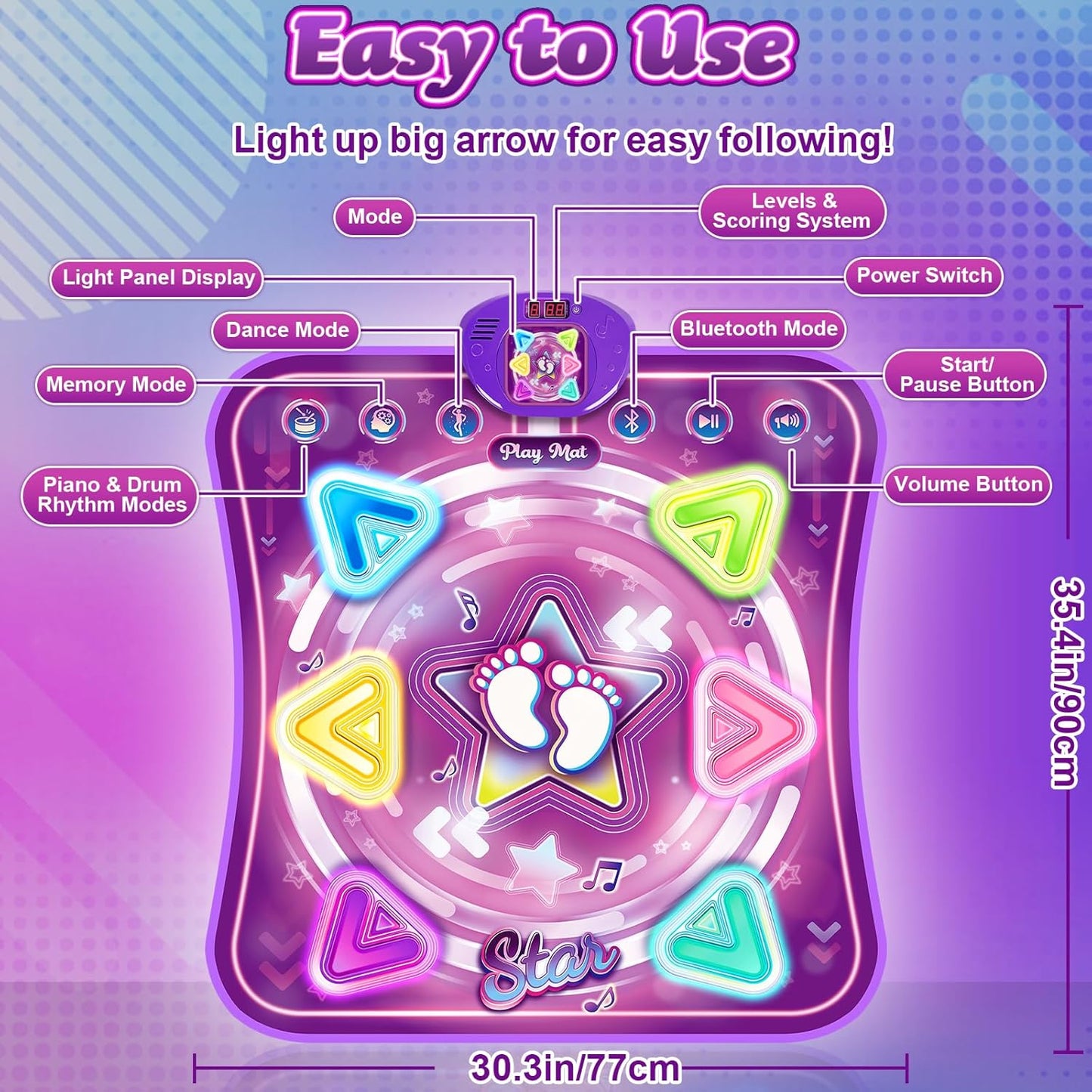 Dance Mat for Girls, Light-up 6-Button Dance Pad with Wireless Bluetooth & 5 Game Modes, Kids Electronic Dance Mats Musical Dancing Toys Christmas Birthday Gifts for Boys Girl Aged 3 4 5 6 7 8 9 10+