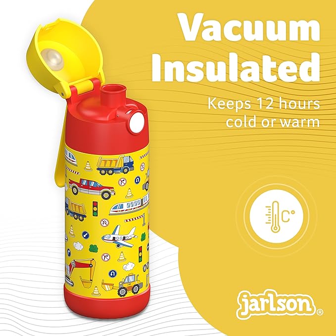 Jarlson® Mali Children's Water Bottle, Thermal Stainless Steel Water Bottle, BPA-Free, Leak-Proof, Children's Bottle with Chug Lid, Bottle for School, Nursery (Vehicles, 350 ml)