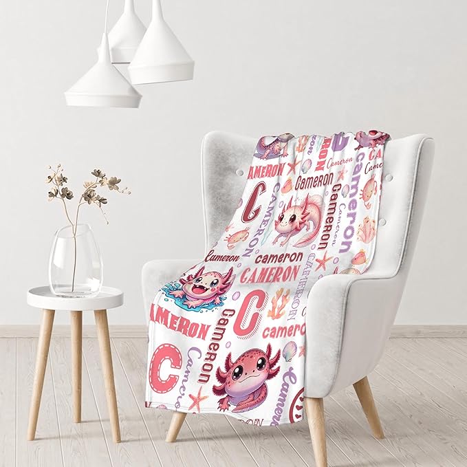 Personalized Baby Blanket for Girls Boys Kids Axolotls Custom Baby Blanket with Name Throw Birthday Gift for Toddlers Infants Shower Newborns Nursery Stroller Crib Bed Decor
