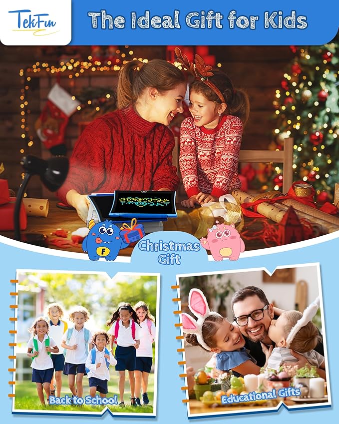 TEKFUN 2 Pack LCD Writing Tablet with Anti-Lost Stylus, 10in Erasable Doodle Board Coloring Drawing Pad for Kids, Car Trip Educational Toys Birthday Gift for 3 4 5 6 7 Girls Boys Toddler (2*Blue)