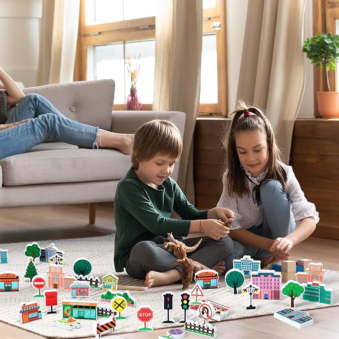 Kathfly 36 Pcs Wooden Community Helpers Community Wooden Toy Preschool Little Professionals Buildings Block Set Multicultural Buildings, Creative Play for Social Learning Educational Model