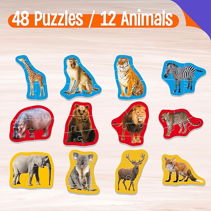 12 Pack Wild Animal Puzzles, 48 Pieces Step-by-Step Animal Jigsaws, Realistic Safari Animal Jigsaw Puzzles with Name Guide Early Learning for Beginner Preschool Toddlers 3+ Years Old
