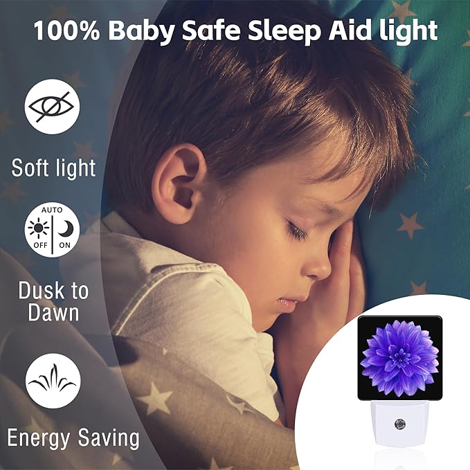 Purple Dahlia Flower Night Light for Kids, Abstract Blooming Floral Night Light Plug in with Dusk to Dawn Sensor, 0.5w Energy Saving Sleep Friendly Nightlight for Hallway Stairway Kitchen Bedroom