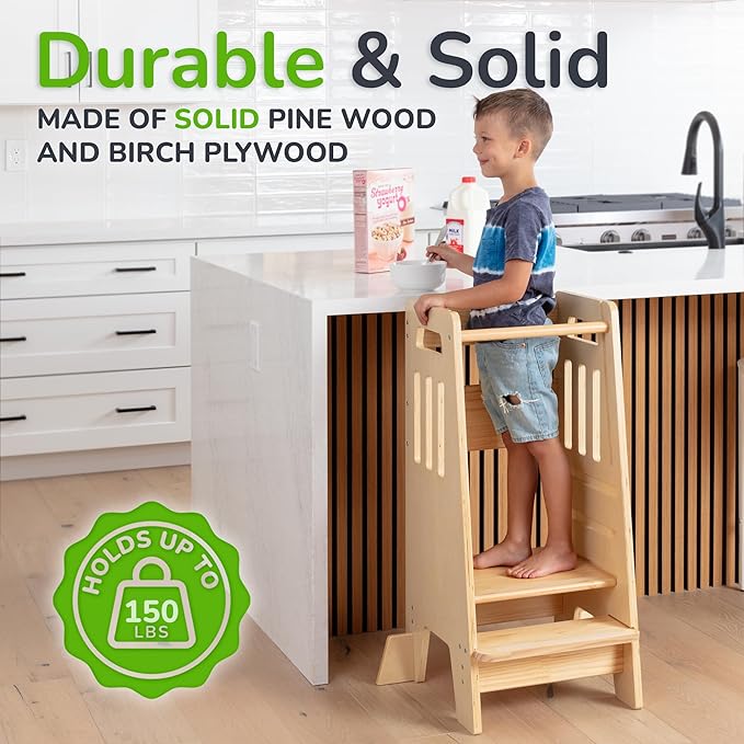 OCODILE Toddler Tower with a Sliding Door and 3 Adjustable Heights - Complete Toddler Kitchen Stool Helper with Support Feet - Safe Design for 18+ Months to 6-Year-Old Kids - Varnished