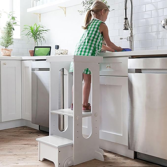 Little Partners Foldable Toddler Tower, Learning Tower Explore 'N Store Montessori Standing Kitchen Tower with Folding Step Stool Platform for Cooking and Learning, Ages 2+ (Soft White)