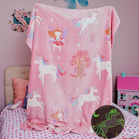 Glow in The Dark Unicorn Blanket for Girls – Soft Pink Fleece Throw. Great Christmas, Birthday, Baby, Toddler Unicorn Gifts for Girls, Fairy, Butterfly, Stars. Bright Long-Last Glow
