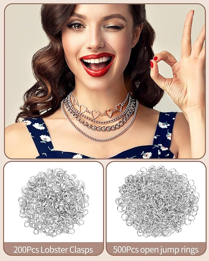OHINGLT 700 Pieces Lobster Claw Clasps and Open Jump Rings Set, Silver Plated Bracelet Necklace Clasp for Jewelry Making