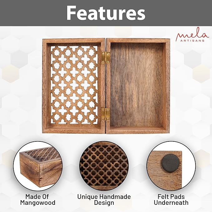 Mela Artisans Wooden Keepsake Box | Medium Burnt Mango Wood Memory & Photo Storage Box with Hinged Lid | Decorative Storage Box | Large | 9x6x3.5 Inch