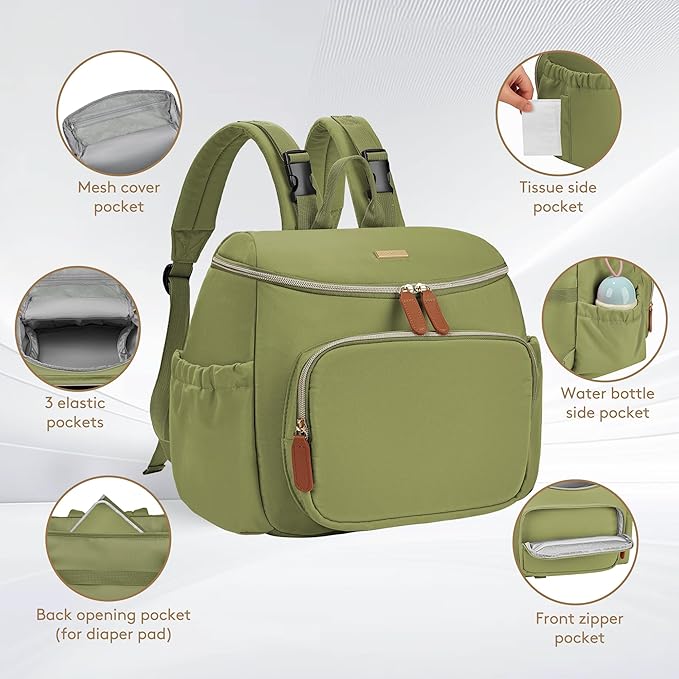 Small Diaper Bag Backpack, Lightweight Baby Bag for Moms and Dads, Compact Travel Diaper Backpack with Stroller Straps & Changing Pad, Waterproof & Stylish Baby Bag for Everyday Essentials - GREEN