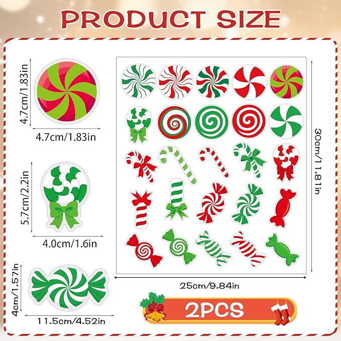MARFOREVER 50 PCS Candy Cane Gel Window Clings, Reusable Colorful Christmas Candy Thick Gel Clings Decals Stickers for Christmas Gift Xmas Party Supplies Window Glass Decoration Supplies