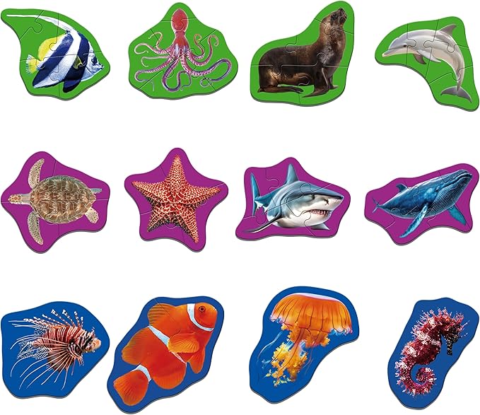 12 Pack Marine Animal Puzzles, 48 Pieces Step-by-Step Animal Jigsaws, Realistic Sea Animal Jigsaw Puzzles with Name Guide Early Learning for Beginner Preschool Toddlers 3+ Years Old