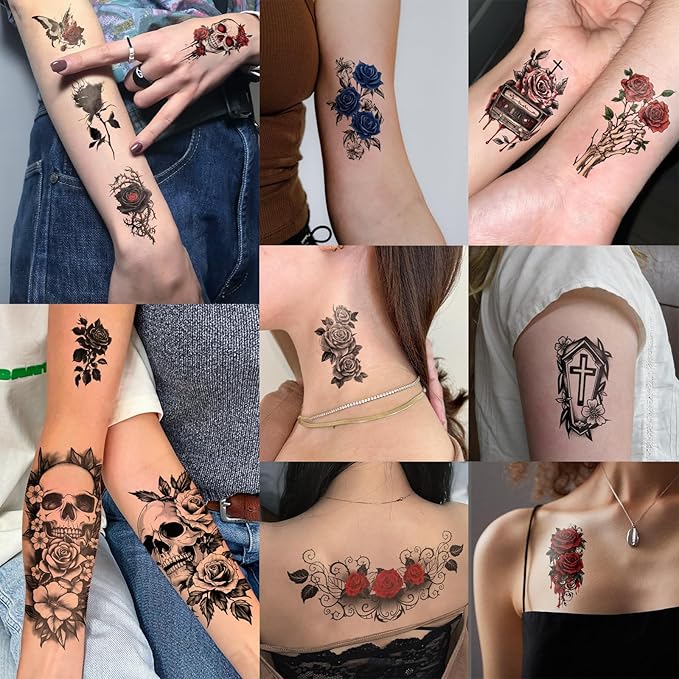 77 Sheets Flowers Skeleton Skull Temporary Tattoo for Women Men, 17 Half Arm Dark Gothic Punk Rocker Butterfly Fake Tattoos, 60 Scary Halloween Cosplay Tiny Adult Kid Body Tattoos Stickers Realistic