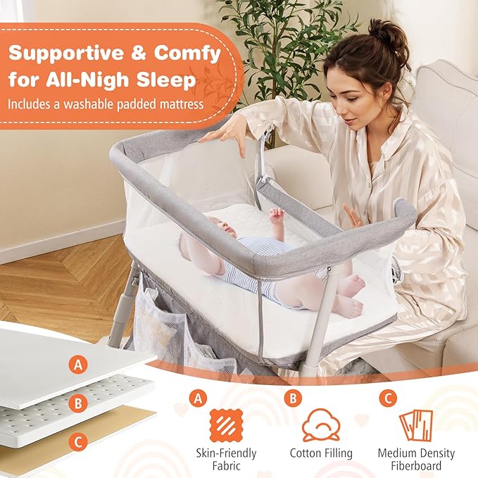 BABY JOY Bassinet, Bedside Crib w/Adjustable Height, Comfy Mattress, Full-Mesh Sides and Storage Pockets for Newborns Infants, Baby Bassinets Bedside Sleeper for Safe Co-Sleeping