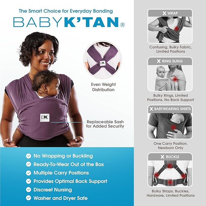 Original Baby K'tan Baby Carrier: #1 Easy Pre-Wrapped, Soft, Slip-On, No Rings, No Buckles | 5 in 1 Baby Sling Gift | The Best Hands Free Infant Wrap | Eggplant | X-Large