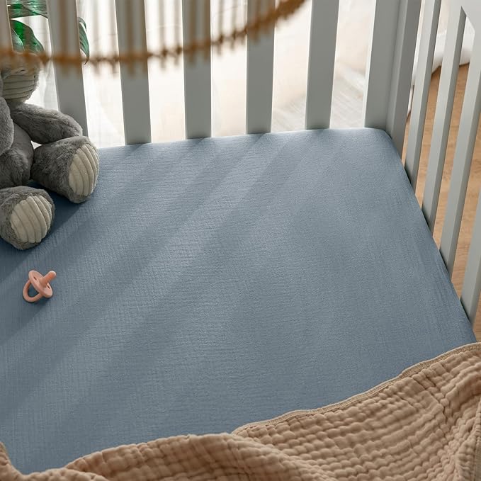 Comfy Cubs 100% Muslin Cotton Fitted Crib Sheet - Soft, Standard & Breathable Crib Sheets for Toddler Mattress - Snug Fit, Secure Elastic with Beautiful Packaging for Boys & Girls - Pacific Blue