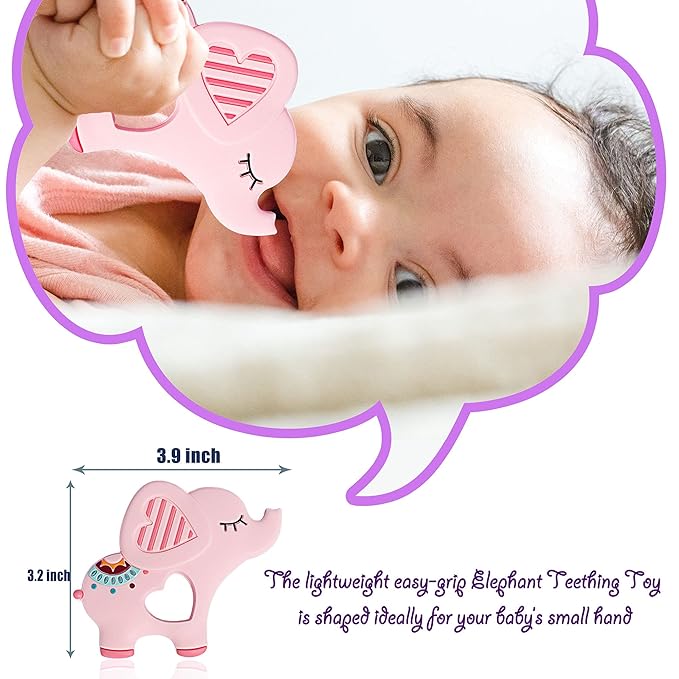 Soft Pink Elephant Teether Toy for Babies 3-6/6-12 Months Silicone Teething Toy Gift for Girls Gum Massager Anxiety Relief Items