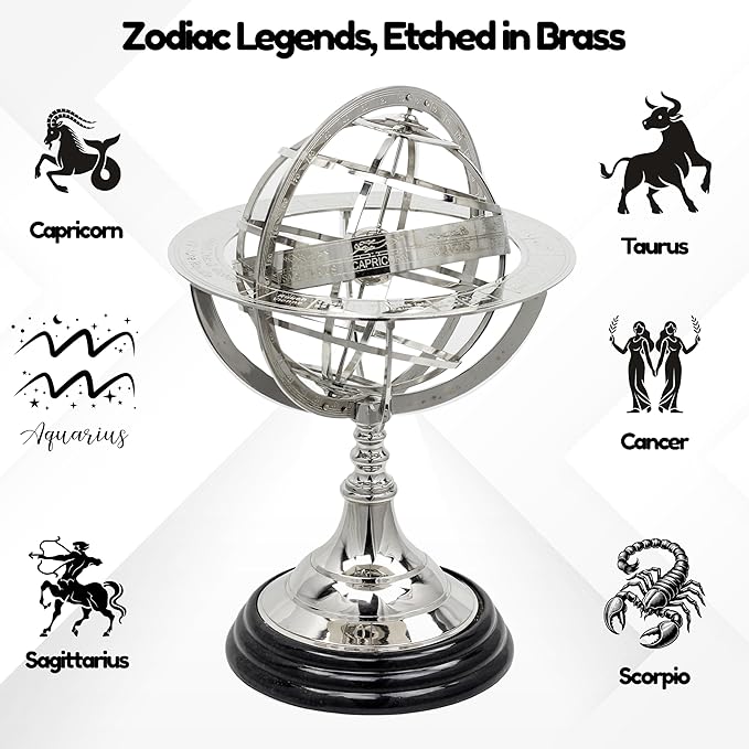 Antique Vintage Zodiac Armillary Brass Sphere Globe Wooden Display | Pirate's Antique Ship Decor | Nagina International (Medium, Nickel Plated)