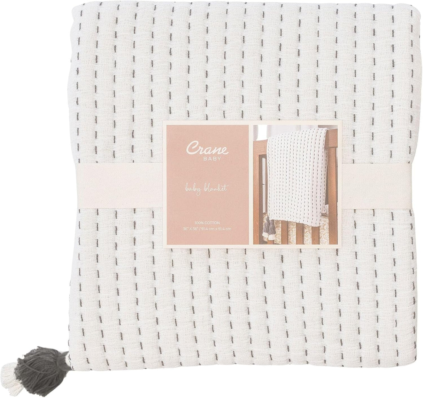 Crane Baby White and Black Stitched Stripe Blanket, Soft Cotton Nursery and Stroller Blanket, 100% Cotton, 36" x 36"