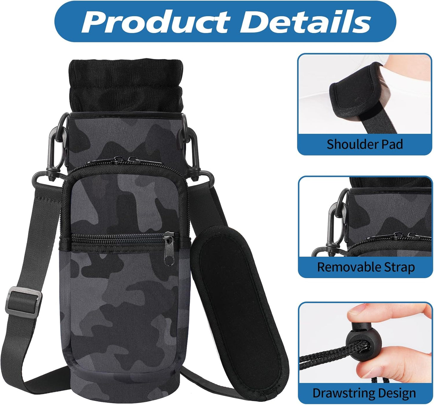 32 40 oz Water Bottle Carrier with Strap, Neoprene Water Bottle Sleeve Bag with 2 Pockets Insulated Flask Sling Holder for Walking Hiking Gym
