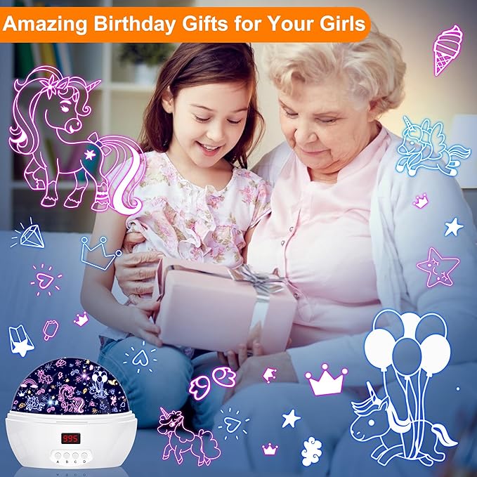 Unicorn Projector Night Light for Girls, Star Lights Projector for Ceiling Kids Bedroom Decor Gifts for 3-6 Year Old Girl Night Light Projector with Timer, Christmas Birthday Gift for Girls