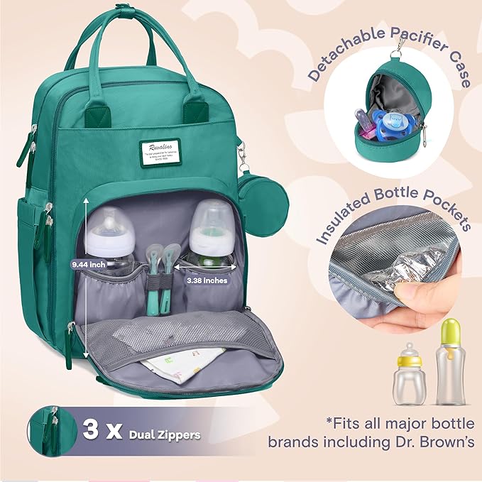 RUVALINO Diaper Bag Backpack-Multifunction Baby Travel Bag with Changing Pad, Insulated Bottle Holders & Pacifier Case, Large Capacity, Waterproof, Turquoise