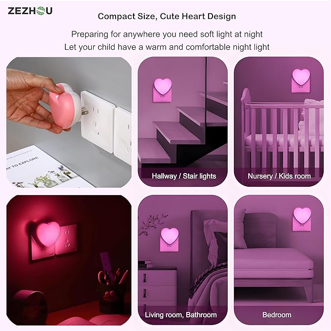 Night Lights Plug into Wall - 2Pcs Cute Heart LED Night Light for Kids, Plug in Nightlight with Smart Auto On/Off Dusk to Dawn Sensor, Soft Warm Lamp for Bedroom Nursery Living Room Bathroom Hallway
