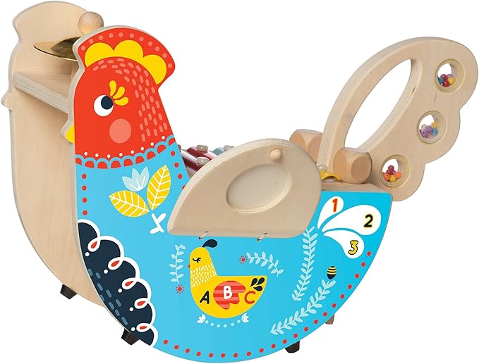 Manhattan Toy Musical Chicken Wooden Instrument for Toddlers with Xylophone, Drumsticks, Cymbal and Maraca,Blue