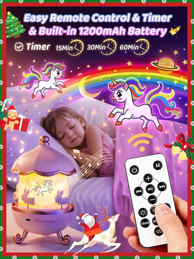 Carousel Night Light for Kids, 15 Music+15 Films+315 Colors Star Projector for Kids Night Light Projector,360°+Remote+1200mah Star Lights for Ceiling,Unicorn Toys for Girls Room Decor Christmas Gifts
