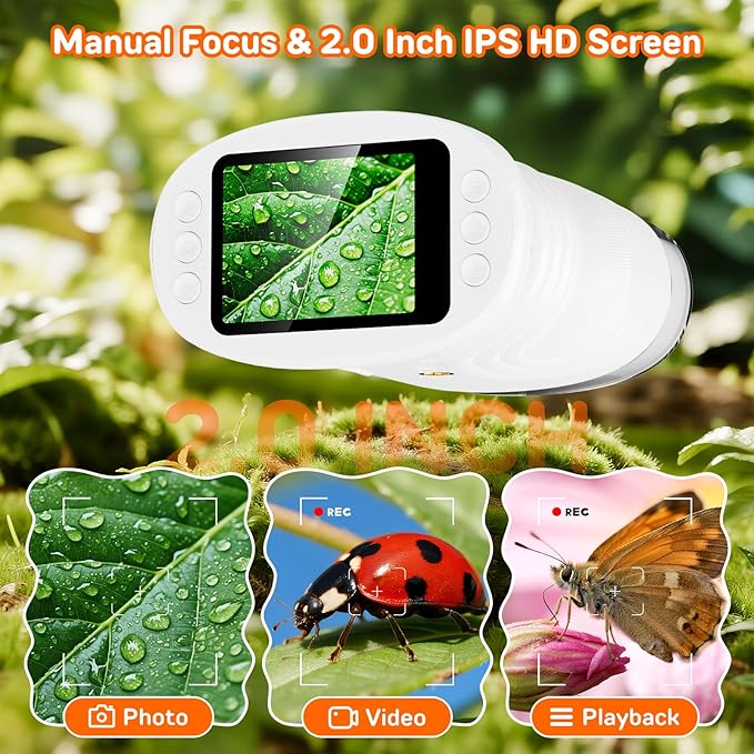 1000X Handheld Digital Microscope for Kids with 2.0" IPS Screen, Portable STEM Science Lab Toy, Rechargeable Pocket Microscope Educational Gift for Boys & Girls Age 4-6 8-12, White