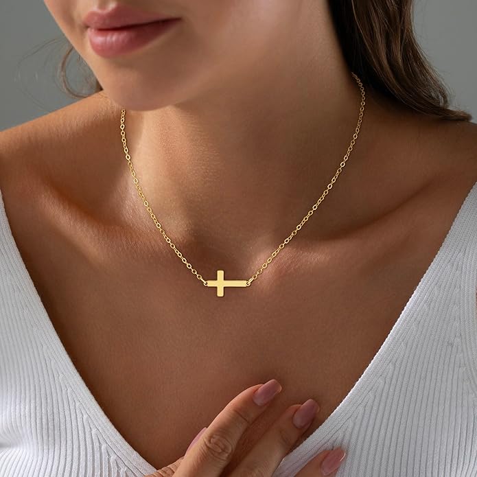 Cross Necklace for Women Trendy - Dainty 18K Real Gold Plated Minimalist Cross Necklace Non Tarnish Waterproof Trendy Cute Simple Small Necklaces Easter Christian Religious Faith Jewelry Gifts