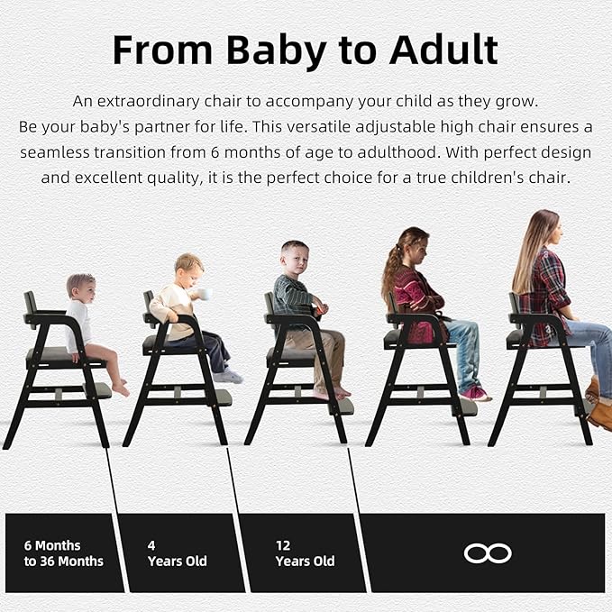 Solid Wood High Chair for Toddlers, Baby Highchair, Adjustable HighChair for Babies/Toddlers with Removable Cushion, Children Kids DiningChair, Teens Study Chair with Steps (Black)