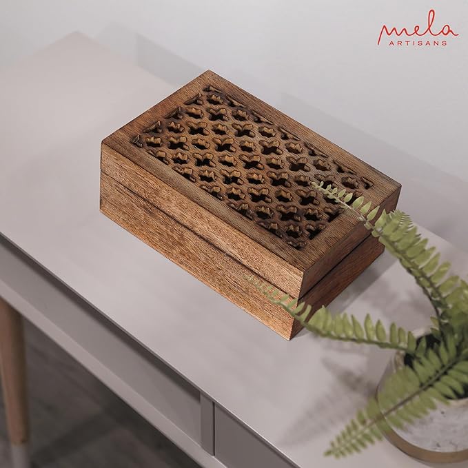 Mela Artisans Wooden Keepsake Box | Medium Burnt Mango Wood Memory & Photo Storage Box with Hinged Lid | Decorative Storage Box | Large | 9x6x3.5 Inch